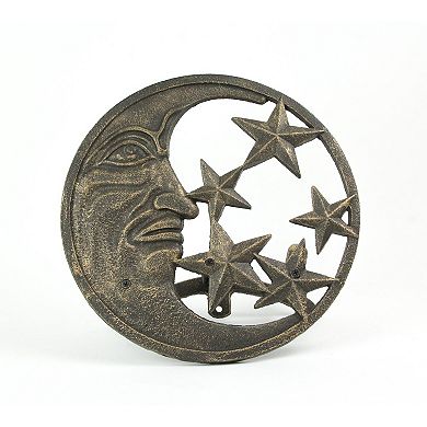Cast Iron Crescent Moon and Stars Wall Mounted Garden Hose Holder Bronze Finish