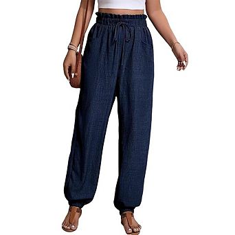 Womens Ruffled Waist Jogger Pants Elastic Waist Drawstring Tie Cuffed Hem Casual Lounge Wear