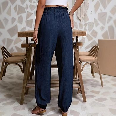 Womens Ruffled Waist Jogger Pants Elastic Waist Drawstring Tie Cuffed Hem Casual Lounge Wear