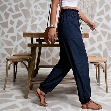 Womens Ruffled Waist Jogger Pants Elastic Waist Drawstring Tie Cuffed Hem Casual Lounge Wear