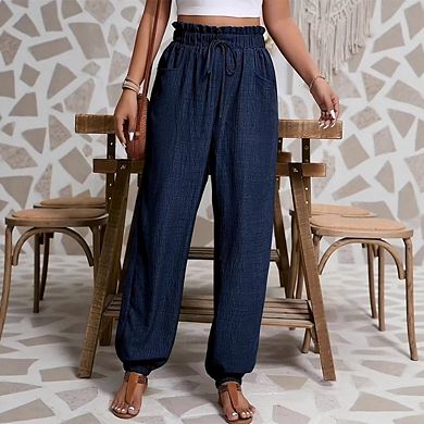 Womens Ruffled Waist Jogger Pants Elastic Waist Drawstring Tie Cuffed Hem Casual Lounge Wear