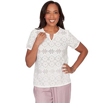 Women's Alfred Dunner Solid Eyelet Split Beaded Neck Top