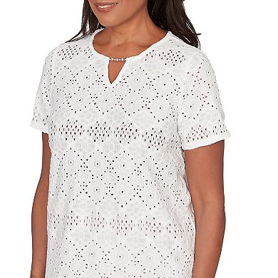 Women's Alfred Dunner Solid Eyelet Split Beaded Neck Top
