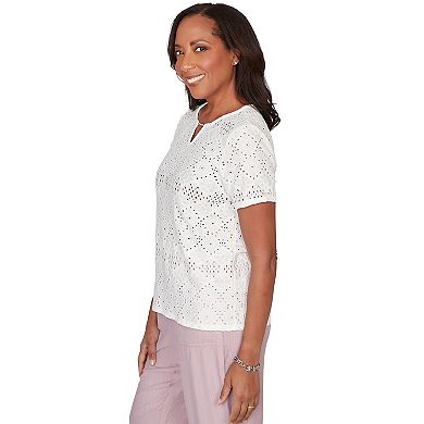 Women's Alfred Dunner Solid Eyelet Split Beaded Neck Top