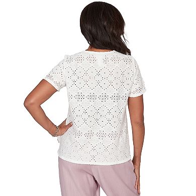 Women's Alfred Dunner Solid Eyelet Split Beaded Neck Top