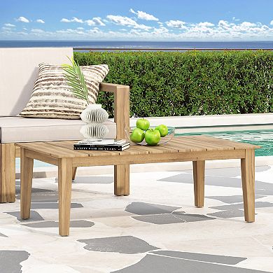 Acacia Wood Outdoor Coffee Table Rustic Light Brown Table with Slat Top & Block Legs