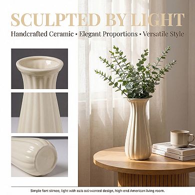 Modern Ceramic Flower Vase Matte Ribbed Cylinder Vase Boho Vases 3.5"L x 3.5"W x 8.0"H