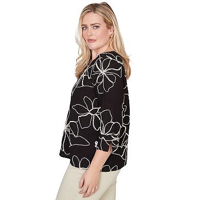 Women's Alfred Dunner Flower Soutache Three Quarter Sleeve Top