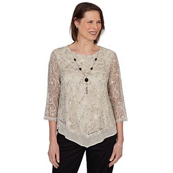 Women's Alfred Dunner Popcorn Mesh Pointed Hem Top with Necklace