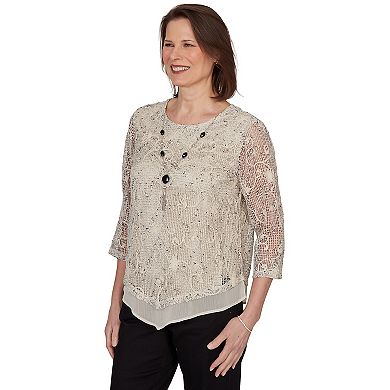 Women's Alfred Dunner Popcorn Mesh Pointed Hem Top with Necklace