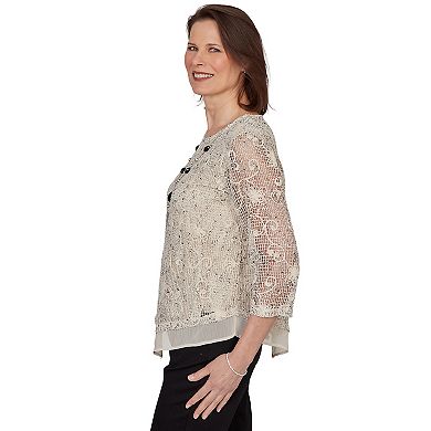 Women's Alfred Dunner Popcorn Mesh Pointed Hem Top with Necklace