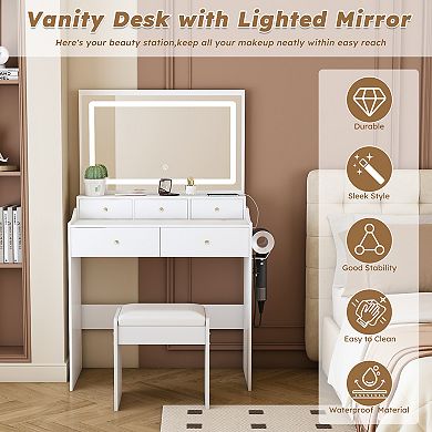 Modern White Vanity Desk with Large Mirror, 3 Adjustable Lighting & 5 Drawers Table for Home