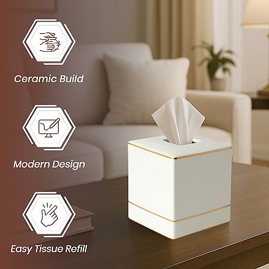 Embossed Porcelain Tissue Box Cover in Cream with Gold Trim Decorative Square Holder