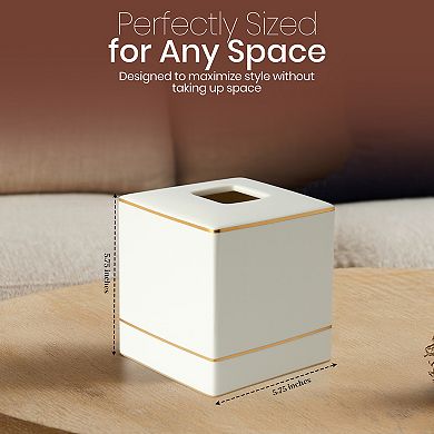 Embossed Porcelain Tissue Box Cover in Cream with Gold Trim Decorative Square Holder