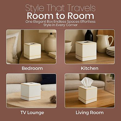 Embossed Porcelain Tissue Box Cover in Cream with Gold Trim Decorative Square Holder