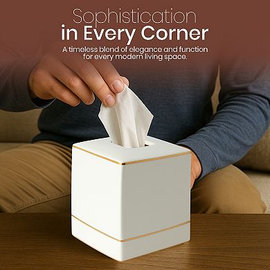 Embossed Porcelain Tissue Box Cover in Cream with Gold Trim Decorative Square Holder