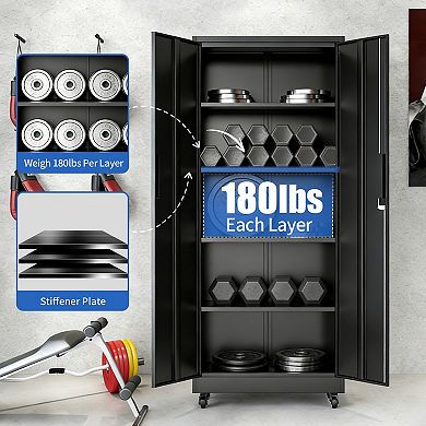 71'' Heavy Duty Metal Storage Cabinet with Wheels, Lockable Cabinet for Garage Office