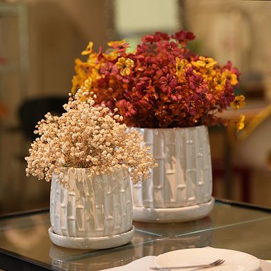 Handmade White Glazed Ceramic Planter Set of 2, 6" & 8" Bamboo Pattern Planter for Plants