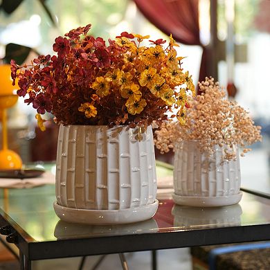 Handmade White Glazed Ceramic Planter Set of 2, 6" & 8" Bamboo Pattern Planter for Plants