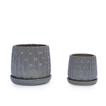 Handmade White Glazed Ceramic Planter Set of 2, 6" & 8" Bamboo Pattern Planter for Plants