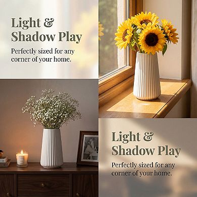 Modern Ceramic Vase Matte Ribbed Flower Vase, Wide Opening Chubby Vase 3.5"L x 3.5"W x 5.9"H