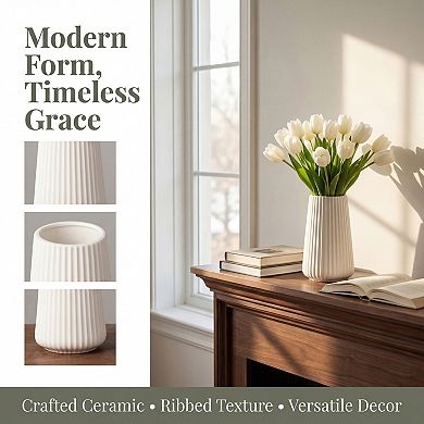 Modern Ceramic Vase Matte Ribbed Flower Vase, Wide Opening Chubby Vase 3.5"L x 3.5"W x 5.9"H