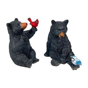 Set of 2 Black Bear Statues with Birds, 5” Tall Rustic Resin Animal Decor