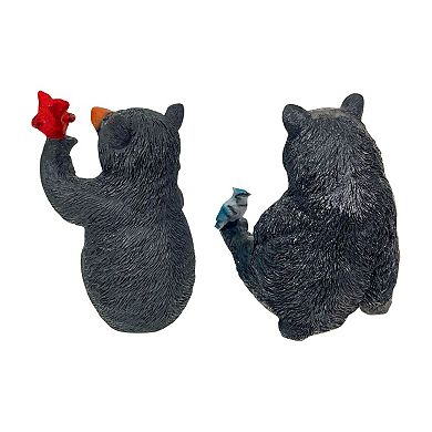 Set of 2 Black Bear Statues with Birds, 5” Tall Rustic Resin Animal Decor