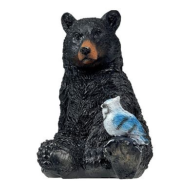Set of 2 Black Bear Statues with Birds, 5” Tall Rustic Resin Animal Decor
