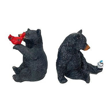 Set of 2 Black Bear Statues with Birds, 5” Tall Rustic Resin Animal Decor