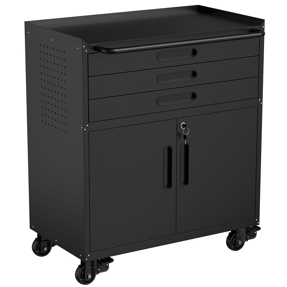 34.3'' Metal Storage Locker Cabinet, Tool Organizer with Wheels & 3 ...