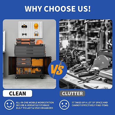 34.3'' Metal Storage Locker Cabinet, Tool Organizer with Wheels & 3 Drawers for Garage Office