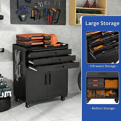34.3'' Metal Storage Locker Cabinet, Tool Organizer with Wheels & 3 Drawers for Garage Office