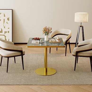 WOW PIONEER Modern Round Dining Table with Faux Marble Top and Metal Base