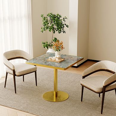 WOW PIONEER Modern Round Dining Table with Faux Marble Top and Metal Base