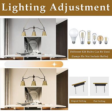 3-Light Modern Farmhouse Linear Chandelier with Gold Metal Flared Shades