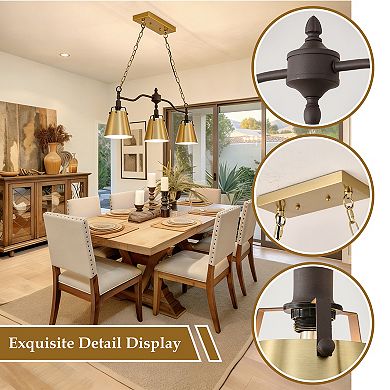 3-Light Modern Farmhouse Linear Chandelier with Gold Metal Flared Shades