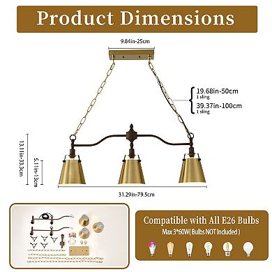 3-Light Modern Farmhouse Linear Chandelier with Gold Metal Flared Shades