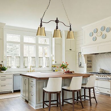 3-Light Modern Farmhouse Linear Chandelier with Gold Metal Flared Shades