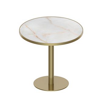 WOW PIONEER Modern Round Dining Table with Glossy Stone Top and Metal Frame