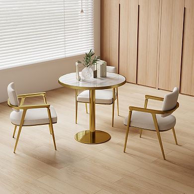 WOW PIONEER Modern Round Dining Table with Glossy Stone Top and Metal Frame