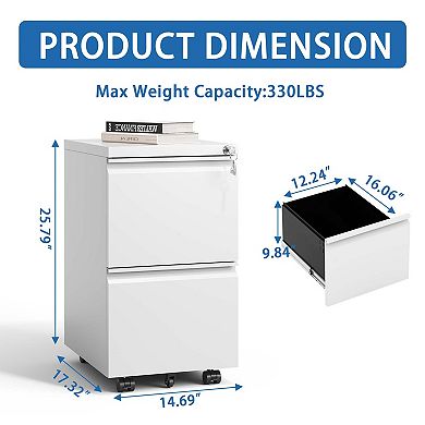 2 Drawer Mobile File Cabinet with Lock,Metal Filing Cabinets for Home Office Organizer