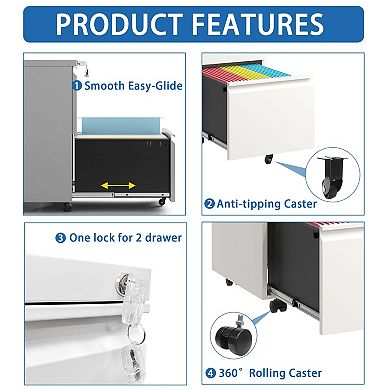 2 Drawer Mobile File Cabinet with Lock,Metal Filing Cabinets for Home Office Organizer