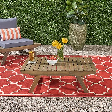 Outdoor Coffee Table, Solid Acacia Wood Patio Low Table with Slatted Top and Sturdy Frame