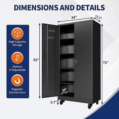 71'' Metal Storage Locker Cabinet with Wheels & 4 Adjustable Shelves,Heavy Duty Cabinet for Office