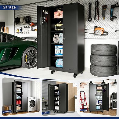 71'' Metal Storage Locker Cabinet with Wheels & 4 Adjustable Shelves,Heavy Duty Cabinet for Office