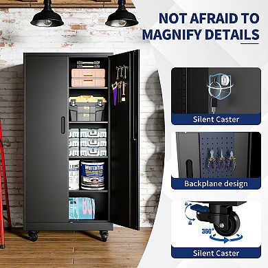 71'' Metal Storage Locker Cabinet with Wheels & 4 Adjustable Shelves,Heavy Duty Cabinet for Office