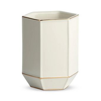 Embossed Porcelain Waste Basket in Cream with Gold Accents Elegant Bathroom Trash Can