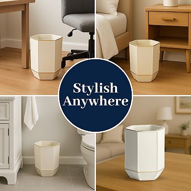 Embossed Porcelain Waste Basket in Cream with Gold Accents Elegant Bathroom Trash Can