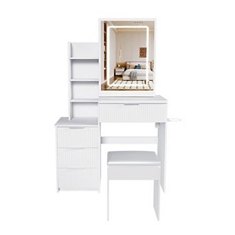 Modern Vanity Desk with Adjustable Lighted Mirror, 4 Drawers & Chair, Dressing Table for Home